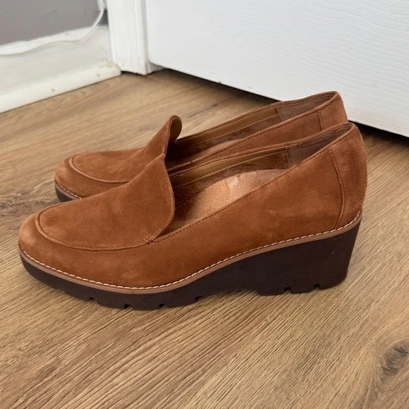 Vionic Ava Suede Wedge Loafers Tan Brown Platform Lug Sole Shoes Womens 8.5 - Picture 4 of 8
